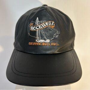 Black Leather Embroidered Rockwell Servicing Inc. Hat w/ Adjustable Closure